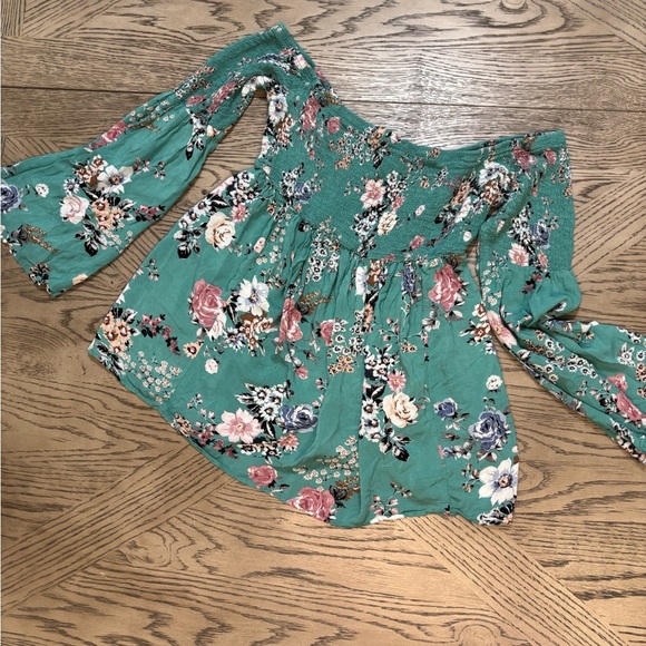 Torrid Floral Off-Shoulder Top Boho Babe Smocked Peasant Blue Green Teal XXS - Picture 6 of 6